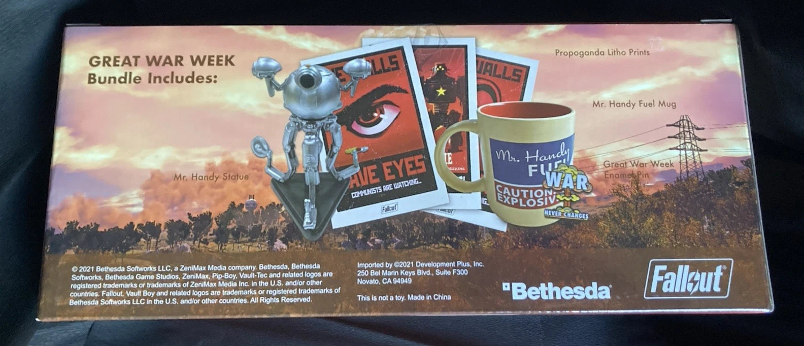 Fallout Bundle Great War Week Mr. Handy Statue Poster Tasse Pin Neu & OVP