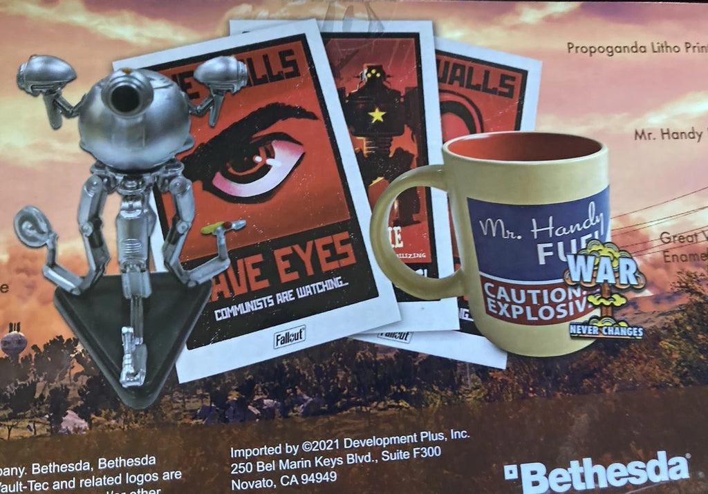 Fallout Bundle Great War Week Mr. Handy Statue Poster Tasse Pin Neu & OVP
