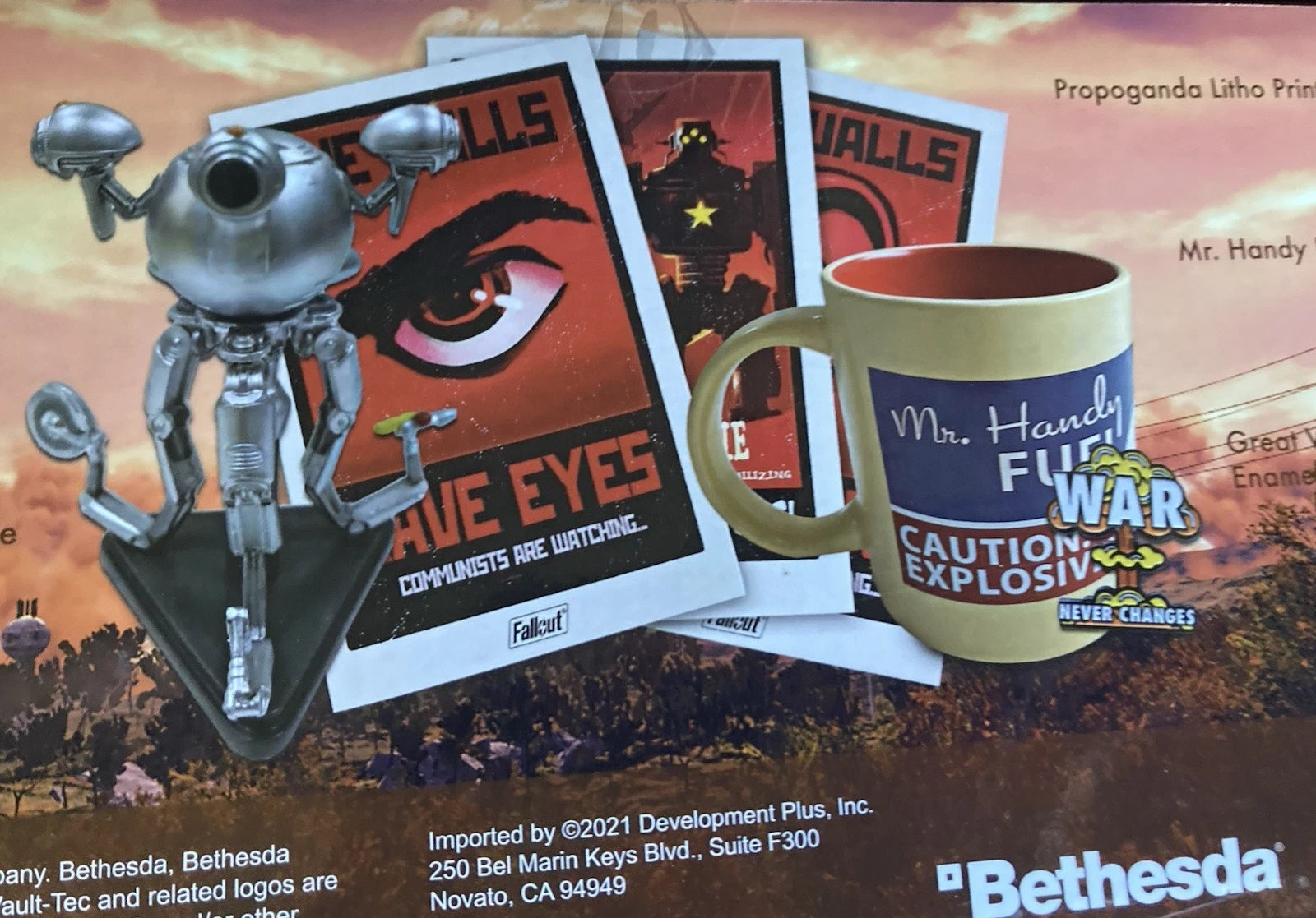 Fallout Bundle Great War Week Mr. Handy Statue Poster Tasse Pin Neu & OVP